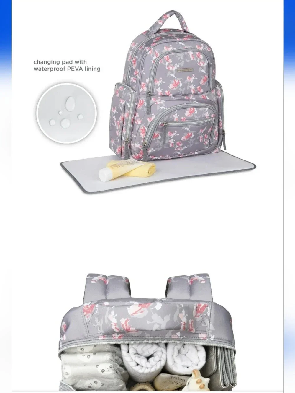 Bananafish Floral Gray, Pink, White Baby Diaper Bag Backpack with Changing Pad